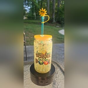 Yellow Glitter Sunflower Straw Tumbler 16 Oz